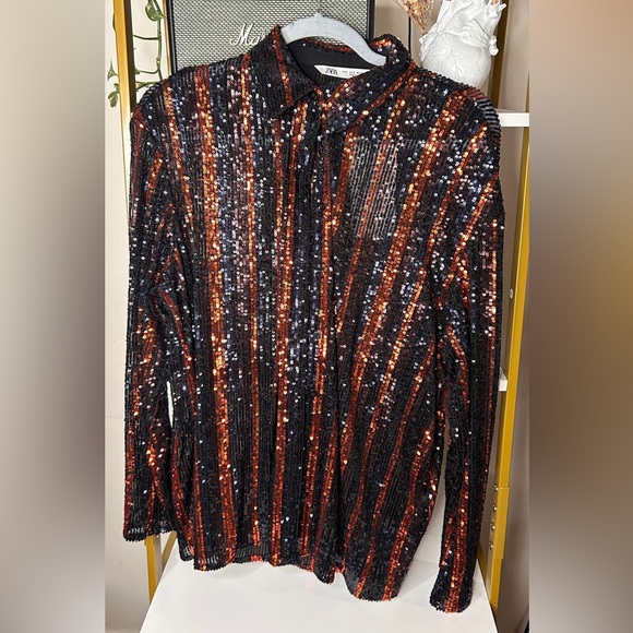 Zara shirt blouse with sparkles black and orange - Picture 7 of 10